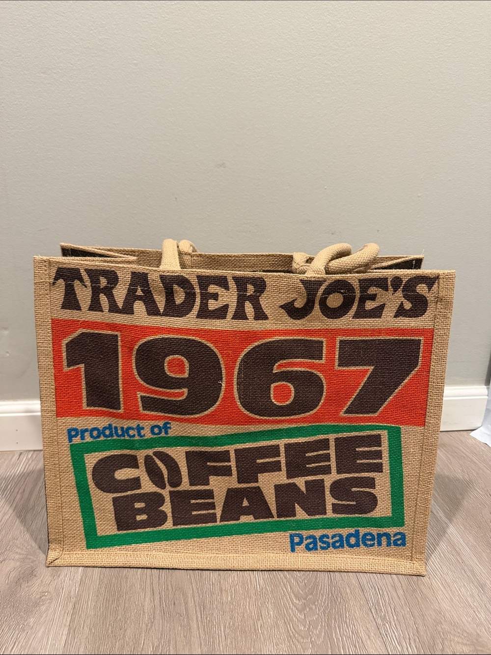 Trader Joe's 1967 Coffee Beans Jute Tote - Tan with Orange, Brown & Green